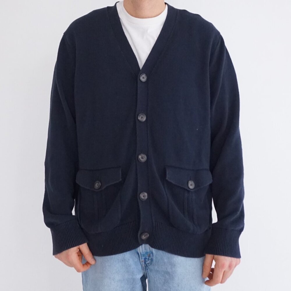 Banana Republic Navy Cotton Button Front Pocket Preppy Cardigan Sweater Large